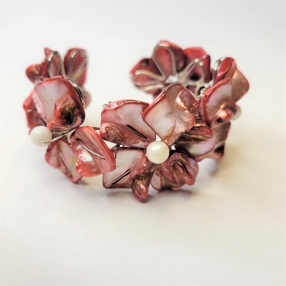Wine Red Shell White Pearls Adjustable Cuff Bracelet Bangle - NEW - Picture 2 of 16